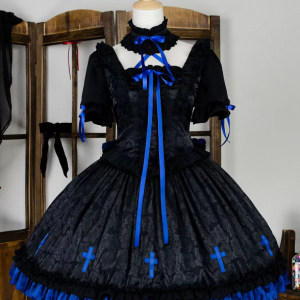 raven cross black & blue gothic cross lolita op dress